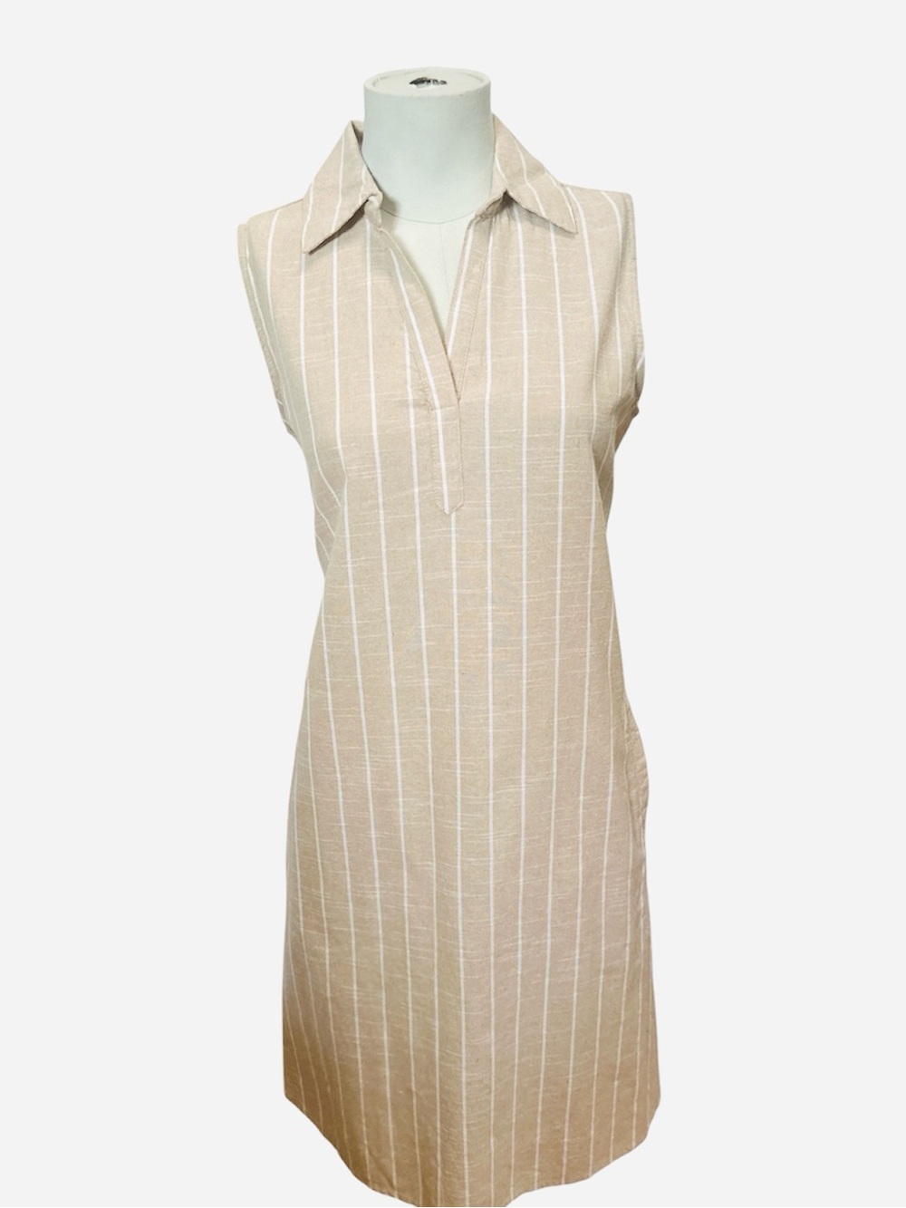 Mlle Gabrielle Cotton Blend Sleeveless Shift Dress Taupe Stripe Collared Size M